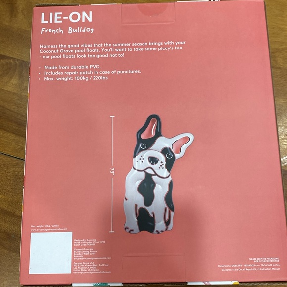 COPY - NWOT.  Coconut Grove, inflatable, lie-on, “French Bulldog”, pool raft. - Picture 7 of 13